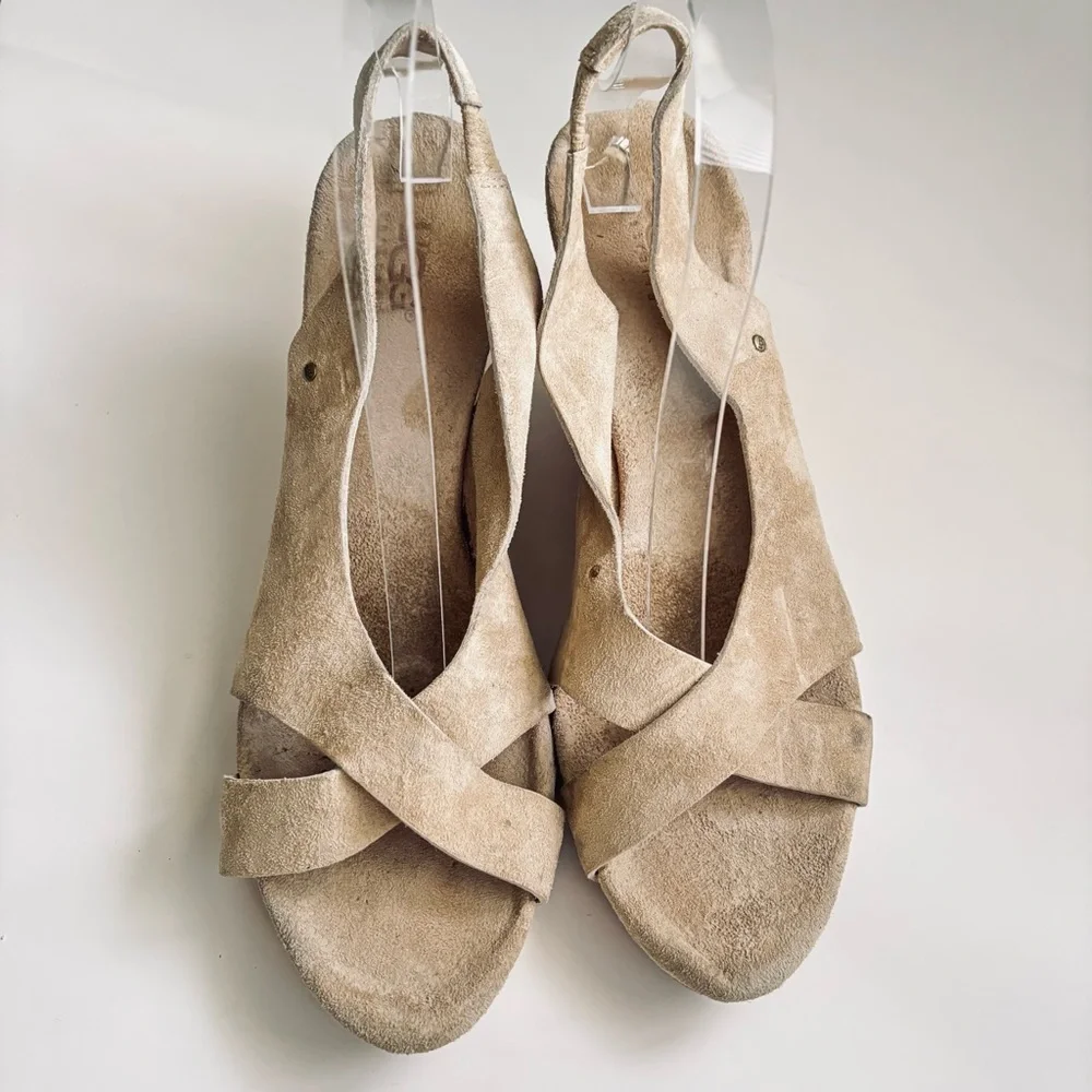 UGG Beige Suede Cork Sandals Wedge Platform Woman’s Shoe Size 9